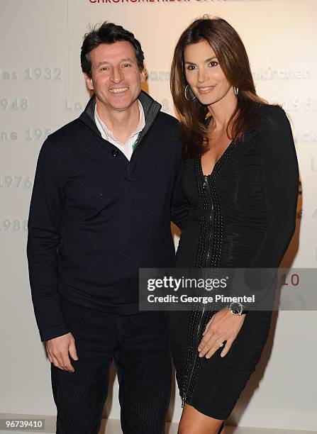 Sebastian Coe and OMEGA Brand Ambassador Cindy Crawford attend the OMEGA Cocktail Celebration at the OMEGA Lounge, Fairmont Hotel on February 14,...