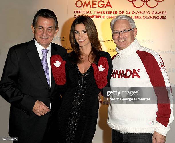 President of OMEGA Stephen Urquhart, OMEGA Brand Ambassador Cindy Crawford and Premiere of BC Gordon Campbell attend the OMEGA Cocktail Celebration...