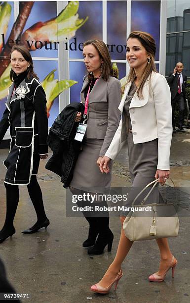 Her Majesty Queen Rania of Jordan attends the Mobile World Congress for her 1GOAL: Education for All mobile campaign on February 16, 2010 in...