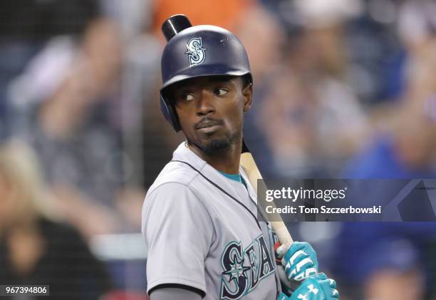 Dee Gordon of the Seattle Mariners waits in the on-deck circle as he waits to bat during MLB game action against the Toronto Blue Jays at Rogers...