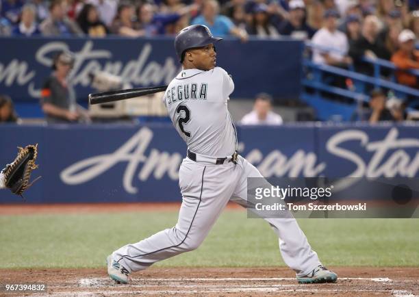 Jean Segura of the Seattle Mariners bats in the third inning during MLB game action against the Toronto Blue Jays at Rogers Centre on May 8, 2018 in...