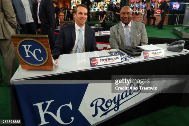 Kansas City Royals team reps Colin Gonzalez and Bo Jackson pose for a photo prior to the 2018 Major League Baseball Draft at Studio 42 at the MLB...