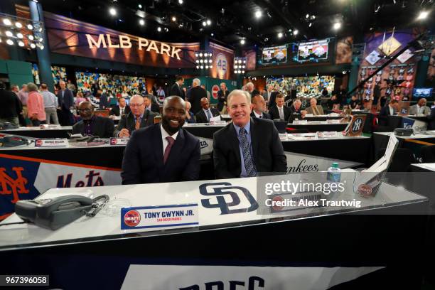 San Diego Padres team reps Tony Gwynn Jr. And John Martin pose for a photo prior to the 2018 Major League Baseball Draft at Studio 42 at the MLB...