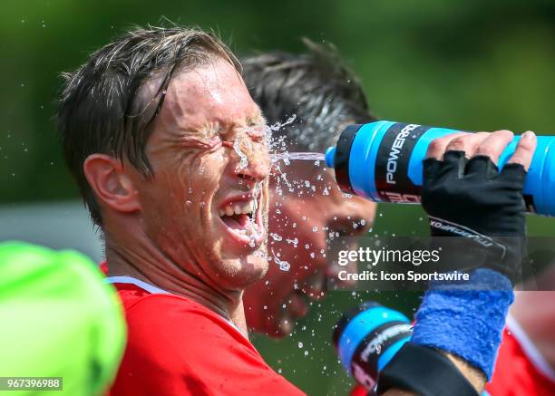 Team England Ray Westbrook takes a water break during the Lone Star Invitational Amputee Soccer tournament on June 2, 2018 at Gosling Sports Fields...