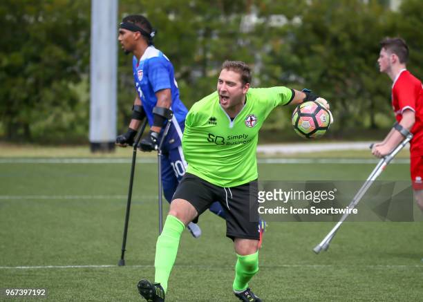 Team England Gary Marheaneke sends the ball into play during the Lone Star Invitational Amputee Soccer tournament on June 2, 2018 at Gosling Sports...