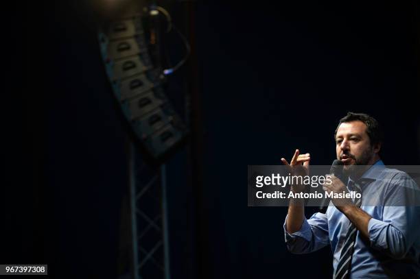Italian Interior Minister, Deputy Prime Minister and Lega leader, Matteo Salvini, takes part at the political rally organized for the upcoming...