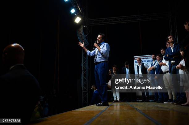 Italian Interior Minister, Deputy Prime Minister and Lega leader, Matteo Salvini, takes part at the political rally organized for the upcoming...