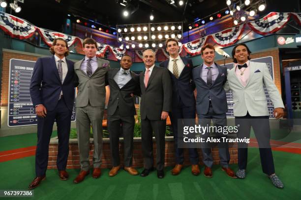 Major League Baseball Commissioner Robert D. Manfred Jr. Poses for a photo with potential 2018 Major League Draft picks prior to the 2018 Major...
