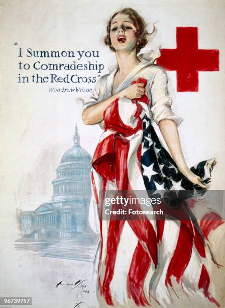 Poster issued by the American Red Cross, with the caption 'I summon you to comradeship in the Red Cross', a quote from US President Woodrow Wilson....