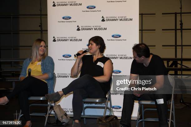 Singer and YouTube artist Evynne Hollens, Vickie Infinito from the Hult Center for the Performing Arts, Thaddeus Moore Chief Sound Engineer with...