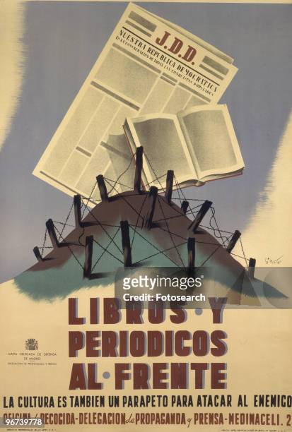 Poster from the Spanish Civil War, issued by the Junta Delegada de Defensa de Madrid, with the caption 'Libros y Periodicos al Frente,' circa 1937. .