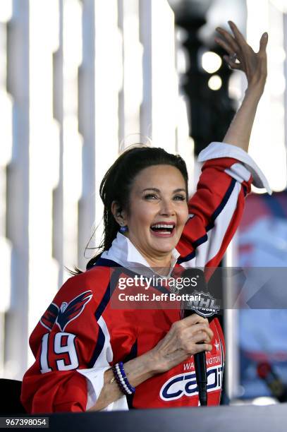 Actress Linda Carter is interviewed on the pre-game telecast prior to Game Four of the Stanley Cup Final between the Washington Capitals and Vegas...