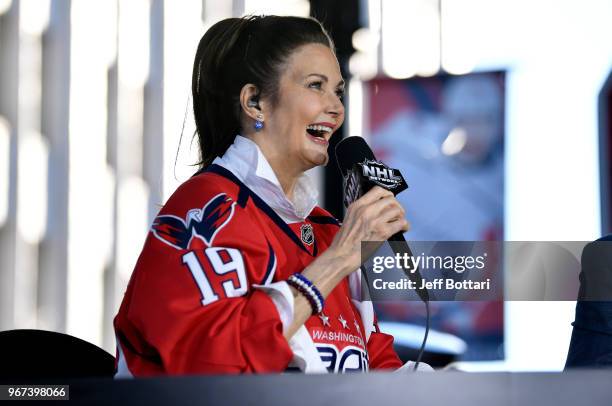 Actress Linda Carter is interviewed on the pre-game telecast prior to Game Four of the Stanley Cup Final between the Washington Capitals and Vegas...