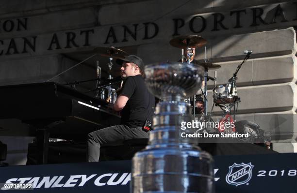 Singer Patrick Stump of Fall Out Boy performs before Game Four of the 2018 NHL Stanley Cup Final between the Vegas Golden Knights and the Washington...