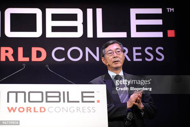 Tadashi Onodera, president and chairman of KDDI Corp., speaks at the Mobile World Congress in Barcelona, Spain, on Tuesday, Feb. 16, 2010. Leading...