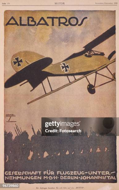 Poster depicting an Albatros aircraft flying over troops, with the caption 'Albatross - Gesellschaft für Flugzeug - Unternehmungen M.B.H. Berlin,...