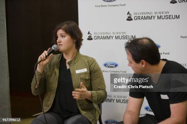 Vickie Infinito from the Hult Center for the Performing Arts in Eugene takes questions from students during a GRAMMY Career Day question and answer...