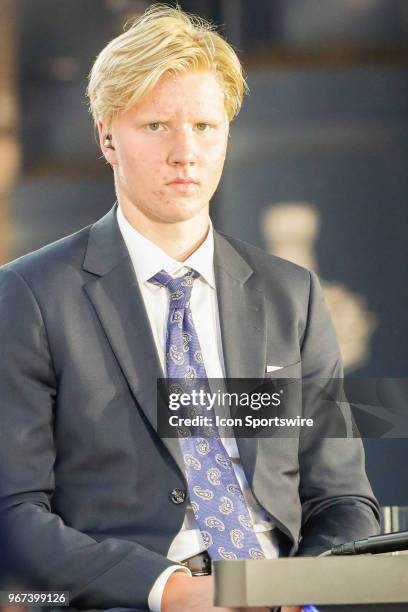 Top NHL Draft prospect, Rasmus Dahlin, looks on prior to game 4 of the 2018 NHL Stanley Cup Finals between the Vegas Golden Knights and Washington...