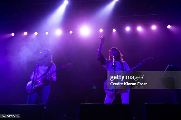 Theresa Wayman and Emily Kokal of Warpaint perform at Forbidden Fruit Festival at the Royal Hospital Kilmainham on June 4, 2018 in Dublin, Ireland.