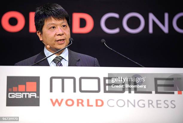 Guo Ping, chairman and president of Huawei Technologies Co., speaks at the Mobile World Congress in Barcelona, Spain, on Tuesday, Feb. 16, 2010....
