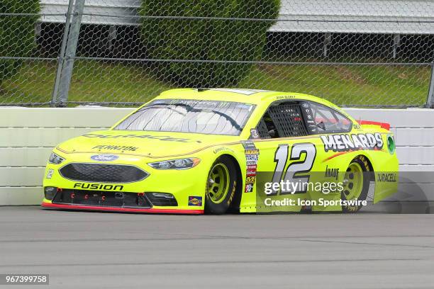 Ryan Blaney drives the Menards/Duracell Ford during the Monster Energy NASCAR Cup Series - Pocono 400 on June 3, 2018 at Pocono Raceway in Long Pond,...