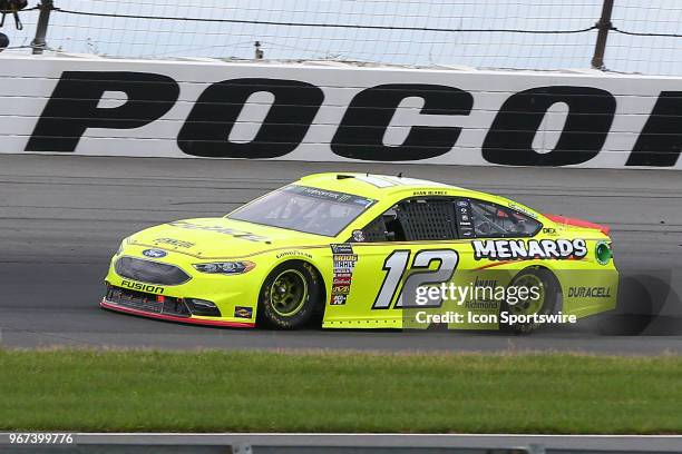 Ryan Blaney drives the Menards/Duracell Ford during the Monster Energy NASCAR Cup Series - Pocono 400 on June 3, 2018 at Pocono Raceway in Long Pond,...