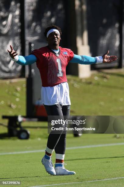 Cam Newton asks for the music volume to be turned up during the Carolina Panthers OTA at the Carolina Panthers Training Facility on June 04, 2018 in...