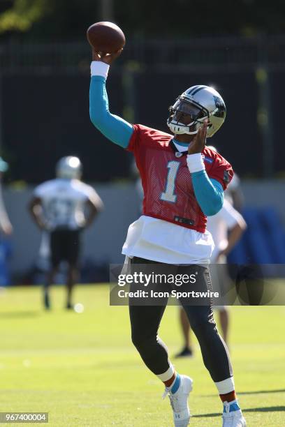 Cam Newton throws a pass during the Carolina Panthers OTA at the Carolina Panthers Training Facility on June 04, 2018 in Charlotte, NC.