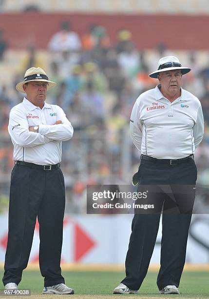 Umpires Ian Gould of England and Steve Davis of Australia look on during the day three of the Second Test match between India and South Africa at...