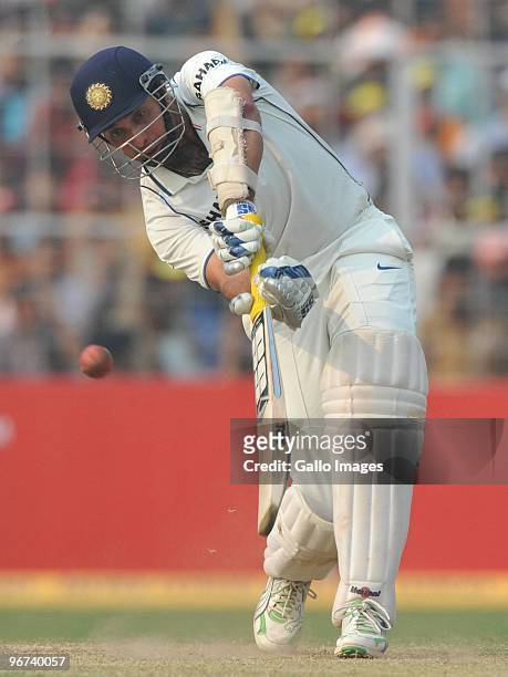 Laxman of India drives inside-out during the day three of the Second Test match between India and South Africa at Eden Gardens on February 16, 2010...