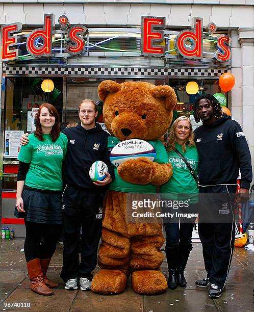 Joe Simpson and Paul Sackey of London Wasps pose for photos together with Childline Bear and representatives during a photo call to promote the...