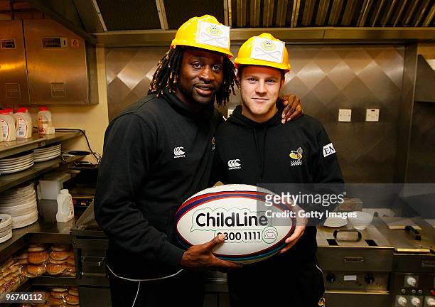 Joe Simpson and Paul Sackey of London Wasps pose for photos during a photo call to promote the ChildLine & Guinness Premiership Kicking Bullying into...