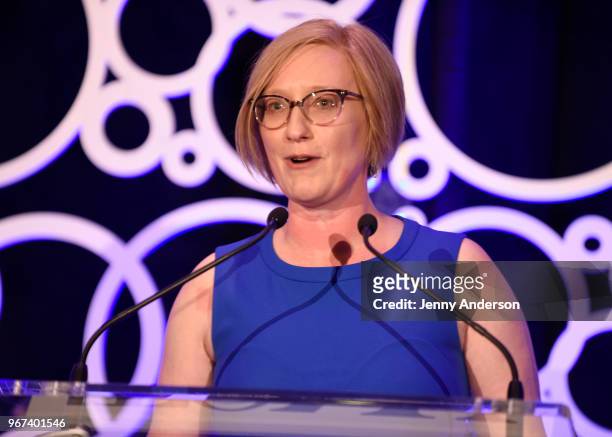 Heather Hitchens speaks onstage at the Tony Honors Cocktail Party Presenting The 2018 Tony Honors For Excellence In The Theatre And Honoring The 2018...