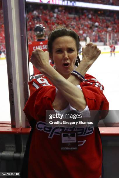 American Actress Lynda Carter poses for a photo prior to Game Four of the 2018 NHL Stanley Cup Final between the Washington Capitals and the Vegas...