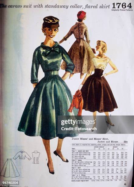 Simplicity printed patterns for the caraco suit with standaway collar, flared skirt, USA, date unknown. .