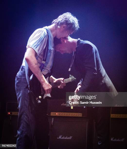 Pete Doherty and Carl Barat of The Libertines perform at the Hoping For Palestine charity concert at The Roundhouse on June 4, 2018 in London,...