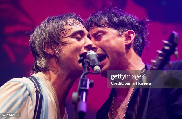 Pete Doherty and Carl Barat of The Libertines perform at the Hoping For Palestine charity concert at The Roundhouse on June 4, 2018 in London,...