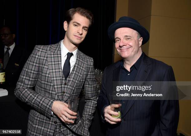 Andrew Garfield and Nathan Lane attend the Tony Honors Cocktail Party Presenting The 2018 Tony Honors For Excellence In The Theatre And Honoring The...