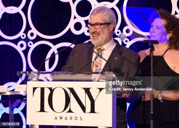 Bruce Barish and Sarah Barish of Ernest Winzer Cleaners speak onstage at the Tony Honors Cocktail Party Presenting The 2018 Tony Honors For...