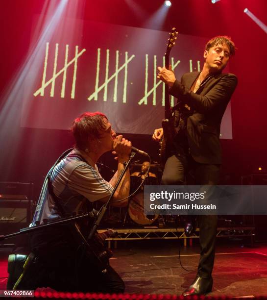 Pete Doherty and Carl Barat of The Libertines perform at the Hoping For Palestine charity concert at The Roundhouse on June 4, 2018 in London,...