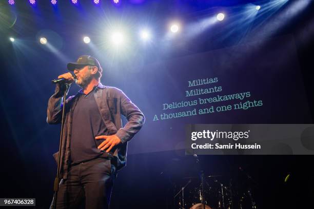 Eric Cantona performs at the Hoping For Palestine charity concert at The Roundhouse on June 4, 2018 in London, England.