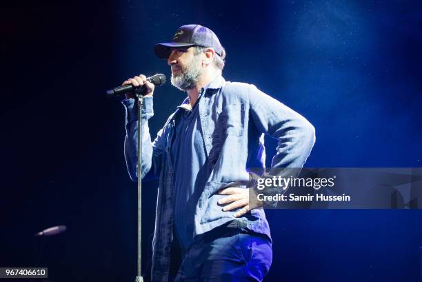 Eric Cantona performs at the Hoping For Palestine charity concert at The Roundhouse on June 4, 2018 in London, England.