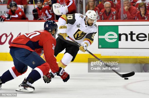 Tomas Tatar of the Vegas Golden Knights skates with the puck during the first period against the Washington Capitals Game Four of the Stanley Cup...