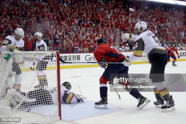 Oshie of the Washington Capitals scores a first-period goal past Marc-Andre Fleury of the Vegas Golden Knights in Game Four of the 2018 NHL Stanley...
