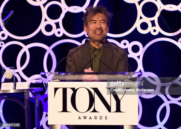 David Henry Hwang speaks onstage at the Tony Honors Cocktail Party Presenting The 2018 Tony Honors For Excellence In The Theatre And Honoring The...