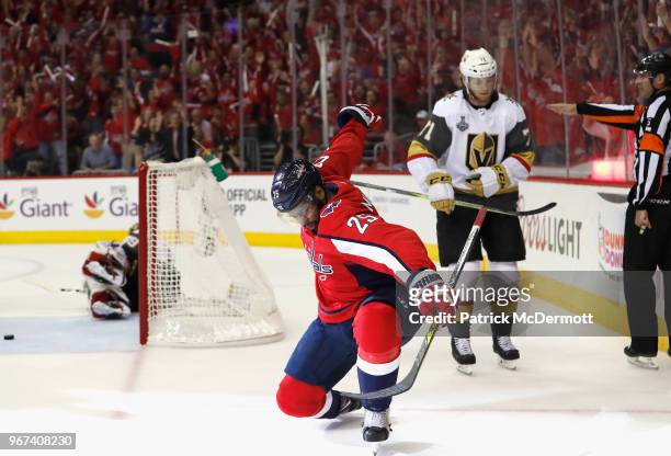 Devante Smith-Pelly of the Washington Capitals celebrates his goal during the first period of Game Four of the 2018 NHL Stanley Cup Final against the...