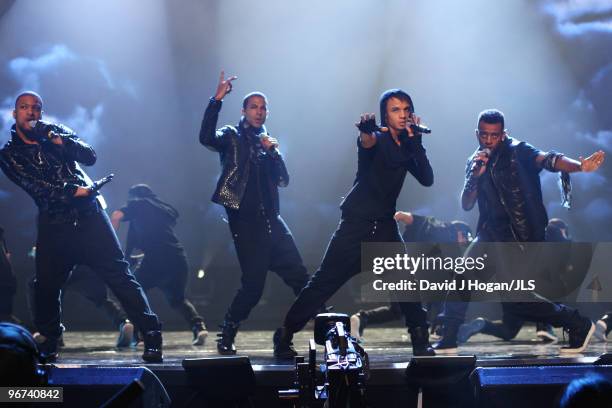 Jonathan 'JB' Gill, Marvin Humes, Aston Merrygold and Oritse Williams of JLS perform at rehearsals for the Brit Awards 2010 held at Earls Court on...