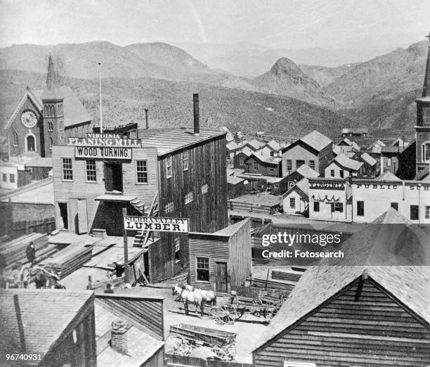 General view of Virginia City, showing the Virginia Planing Mill, Sierra Valley Lumber and the Virginia Public School. Virginia City, Nevada, USA,...