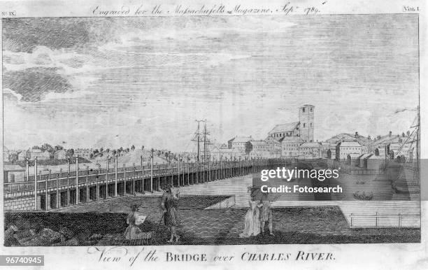 Engraving showing a rendition of the Charles River Bridge. Boston, Massachusetts, USA, early 19th Century.