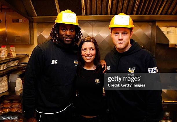 Gail Davis from Sky Sports News together with Joe Simpson and Paul Sackey of London Wasps pose for photos during a photo call to promote the...